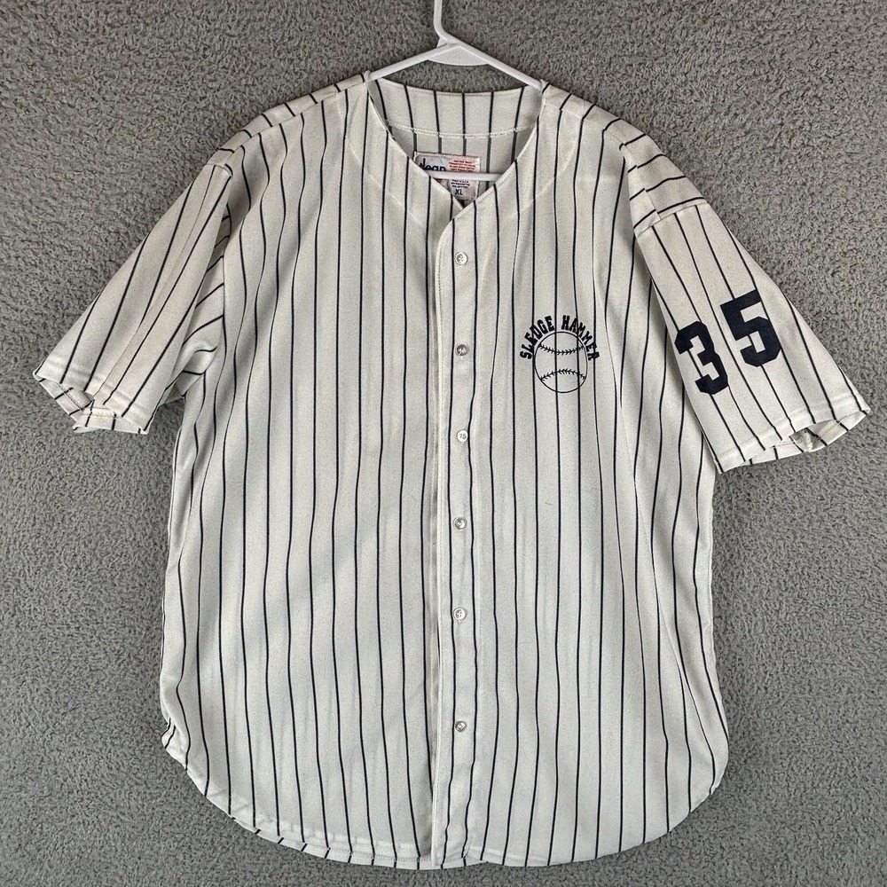Vintage Baseball Jersey Mens XL White Navy Pinstripe Local League 80s Made USA